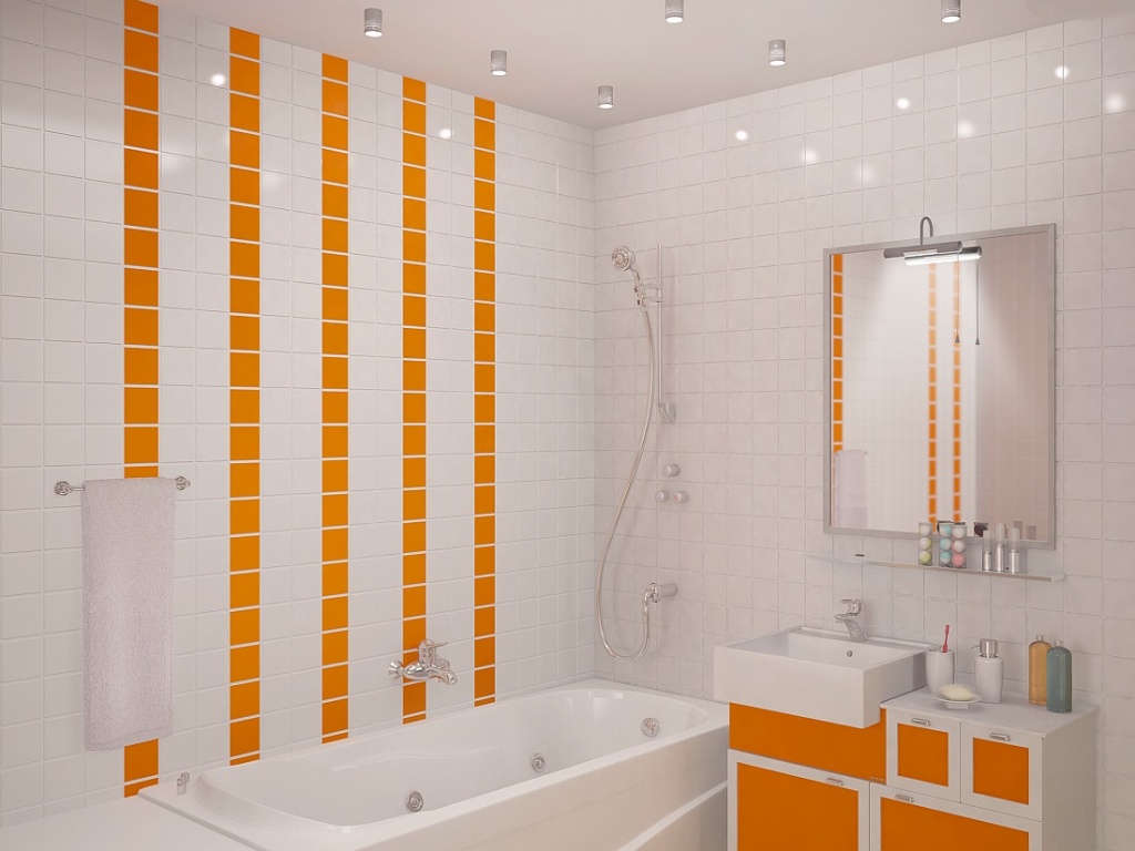 Ванная комната с белой и оранжевой плиткой