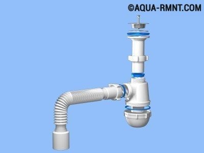 Вид системы слива кухонной раковины в сборе