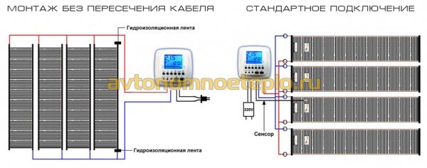 два варианта схем подсоединения инфракрасных греющих систем для пола