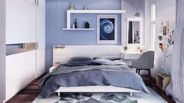 Интерьер спальни в серо-голубой гамме