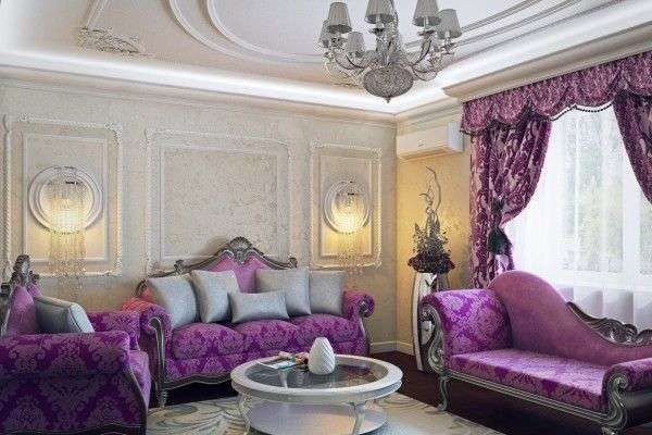 сиреневые шторы в интерьере гостиной в классическом стиле