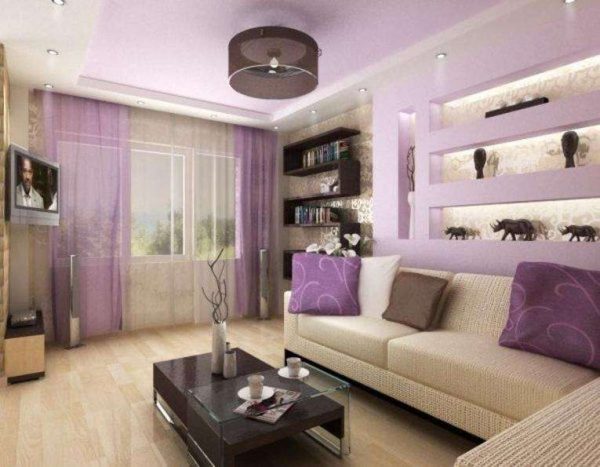 сиреневые шторы в интерьере гостиной в фиолетовых тонах