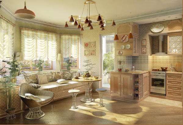 Дизайн кухни прованс в частном доме с люстрами