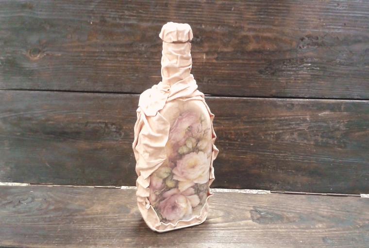 In vino veritas! Декор бутылки - драпировка тканью и декупаж., фото № 3