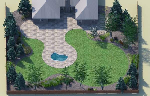 Планировка участка загородного дома с бассейном и террасой