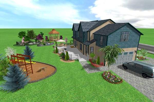 Ландшафтный дизайн загородного дома 10 соток - фото с детской площадкой