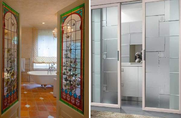 Необычные стеклянные двери для ванной с рисунком и текстурой