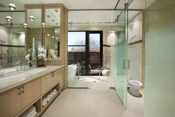 Перегородки и двери стеклянные для ванны и туалета - фото в интерьере