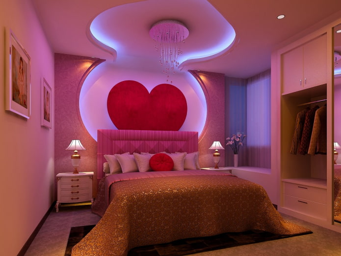 потолок в форме сердца в интерьере спальни