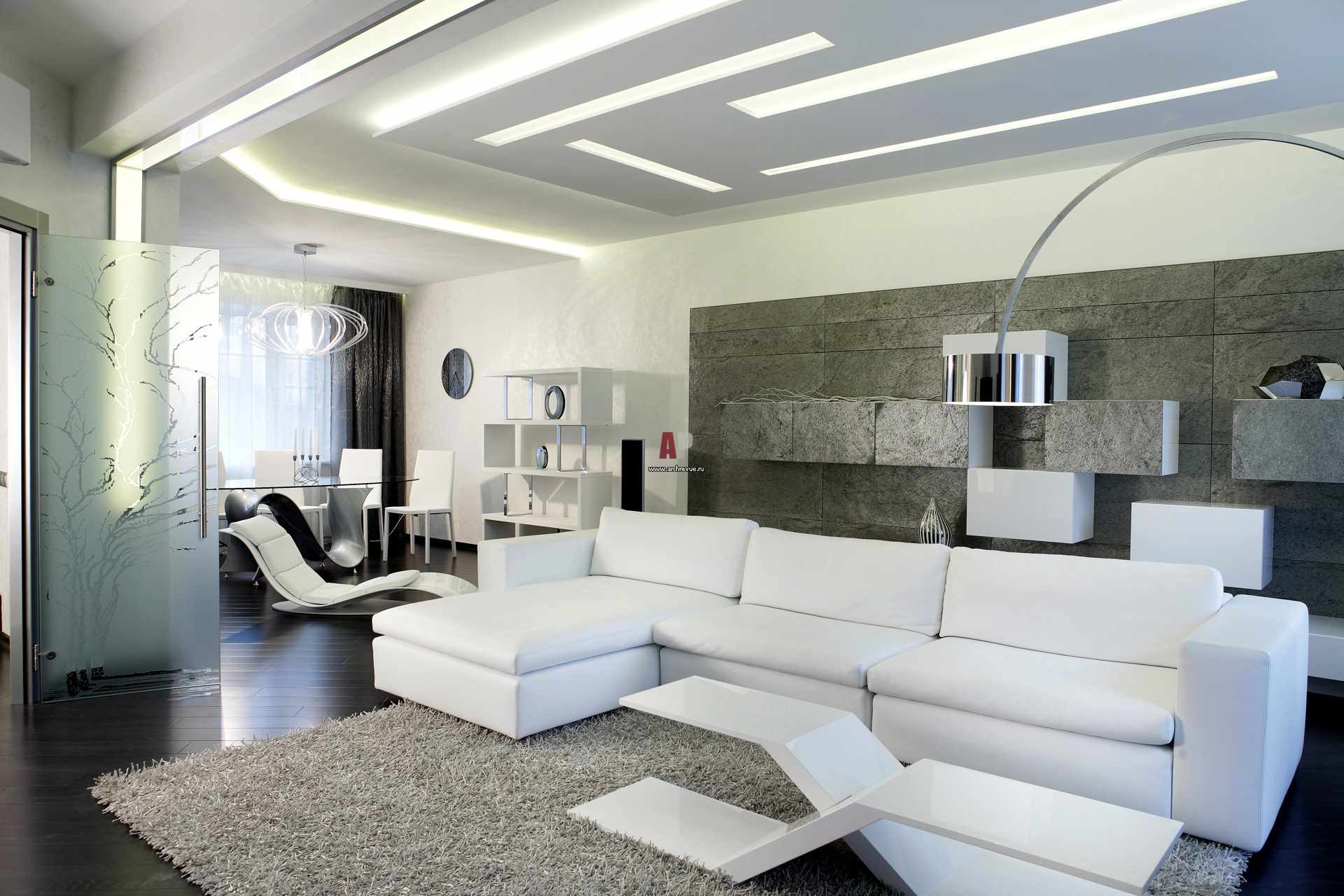 пример применения яркого интерьера гостиной комнаты в стиле минимализм