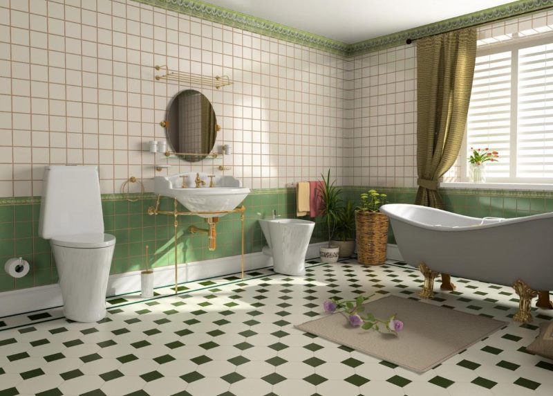 Зеленая плитка в ванной комнате стиля ретро