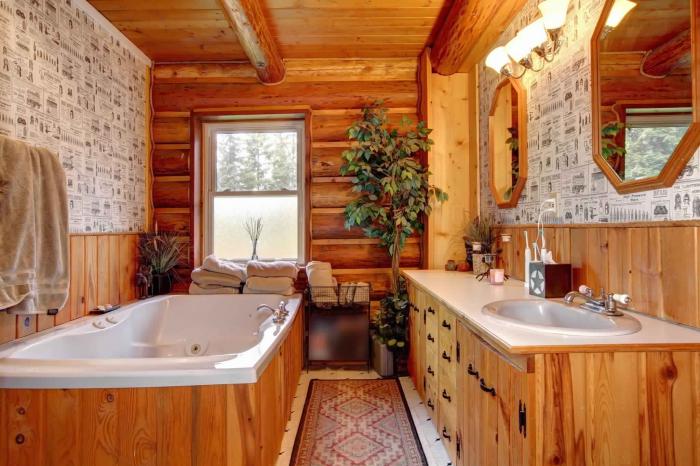 Интерьер ванной в деревянном доме с стиле кантри