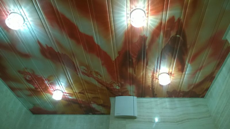 Реечный потолок с реалистичной фотопечатью на потолке ванной