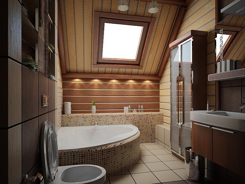 Дизайн небольшой ванной с оном в потолке