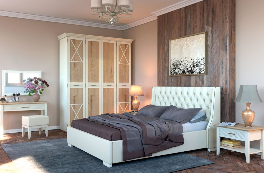 Белая кровать в спальне стиля кантри