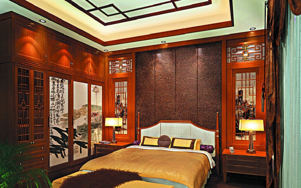 Дизайн спальной комнаты с дорогой деревянной мебелью