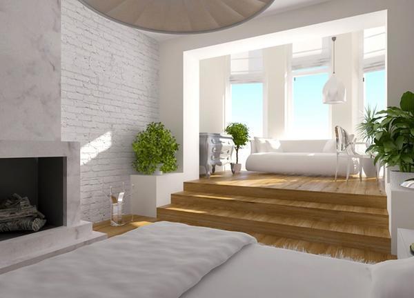 Спальня и гостиная может быть оформлена на разных уровнях, что добавит помещению функциональности