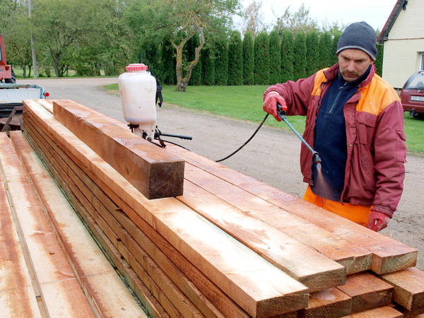 Какой антисептик выбрать?
NICA, LATVIA - OCTOBER 9, 2016: Adult man worker is impregnating stacked timber with preservative liquid by garden sprayer. Автор: Grandpa / Shutterstock.com