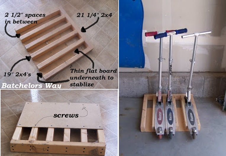Интерьер удобного гаража: деревянная подставка для скутеров