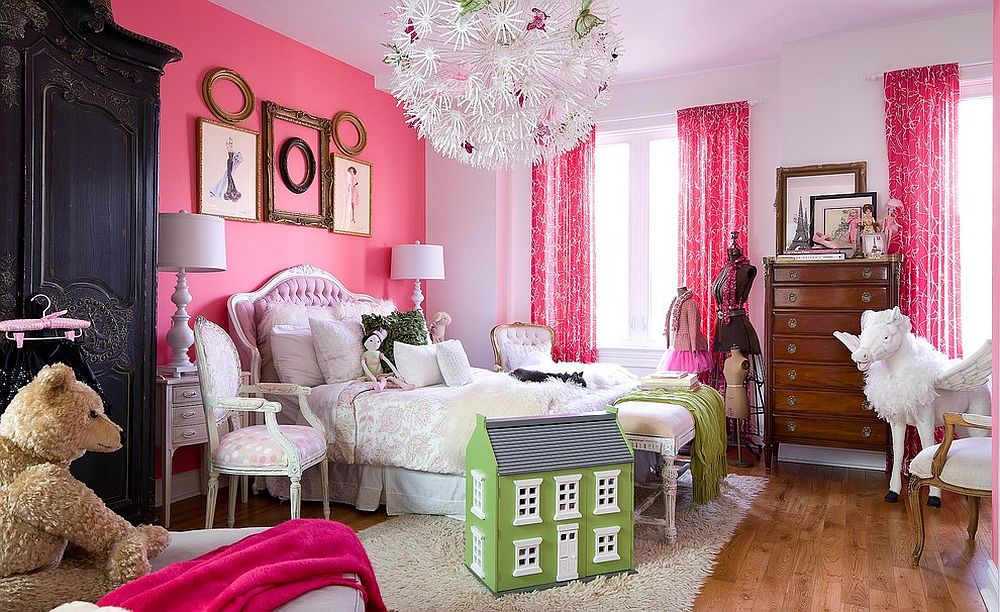 Ярко-розовая креативная детская комната для девочки