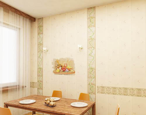 Использование панелей ПВХ на стенах кухни добавит помещению практичности, ведь мыть такие стены проще простого