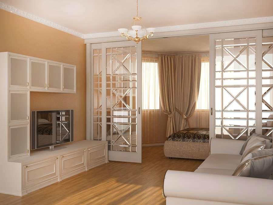 Спальня-гостиная должна быть оформлена в светлых тонах, а при разделении пространства учитывайте, что зал должен занимать большую часть комнаты