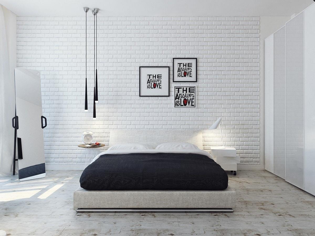 Декоративная кирпичная стена отлично впишется в спальню, которая выполнена в стилей хай-тек