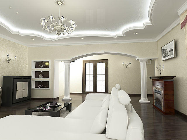 Гипсокартонный потолок сделает зал уютным, органично дополняя интерьер помещения
