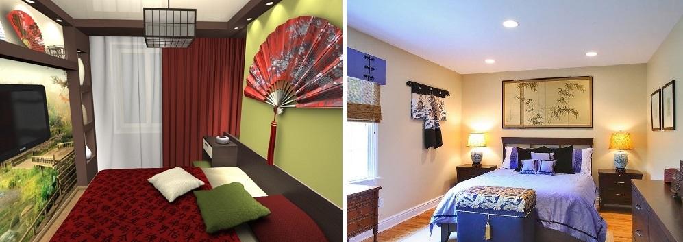 Для украшения спальни в японском стиле подойдут расписанные веера, циновки или картины с изображением бамбука