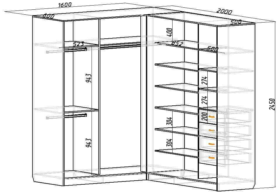 Угловые шкафы размеры