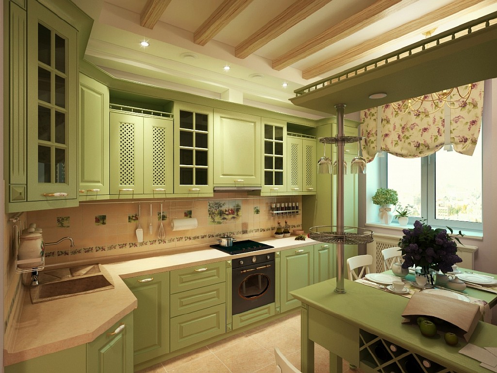 Бежево-зеленая кухня в стиле прованс