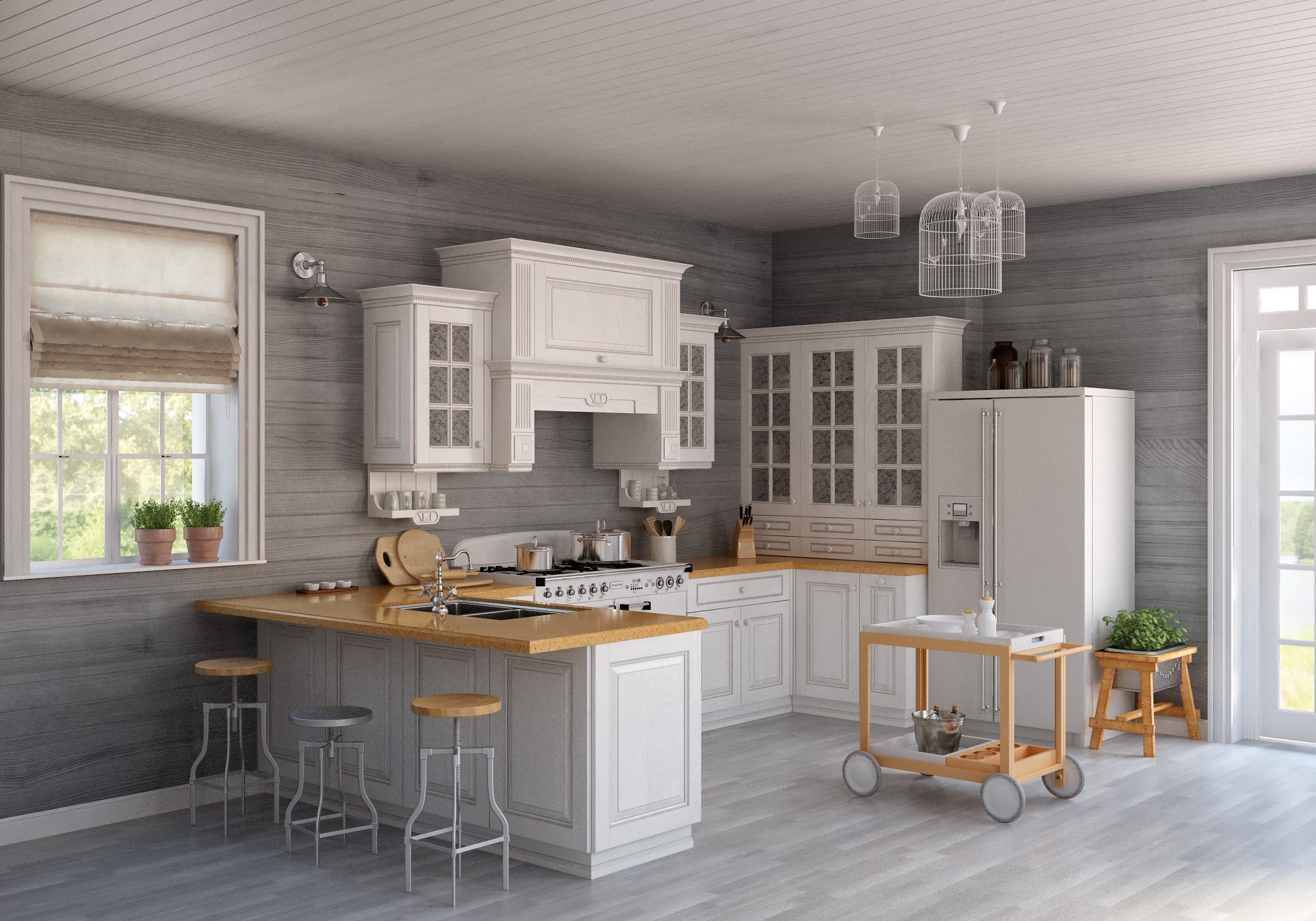 Белый, серый и коричневый цвета в интерьере современной кухни в стиле прованс