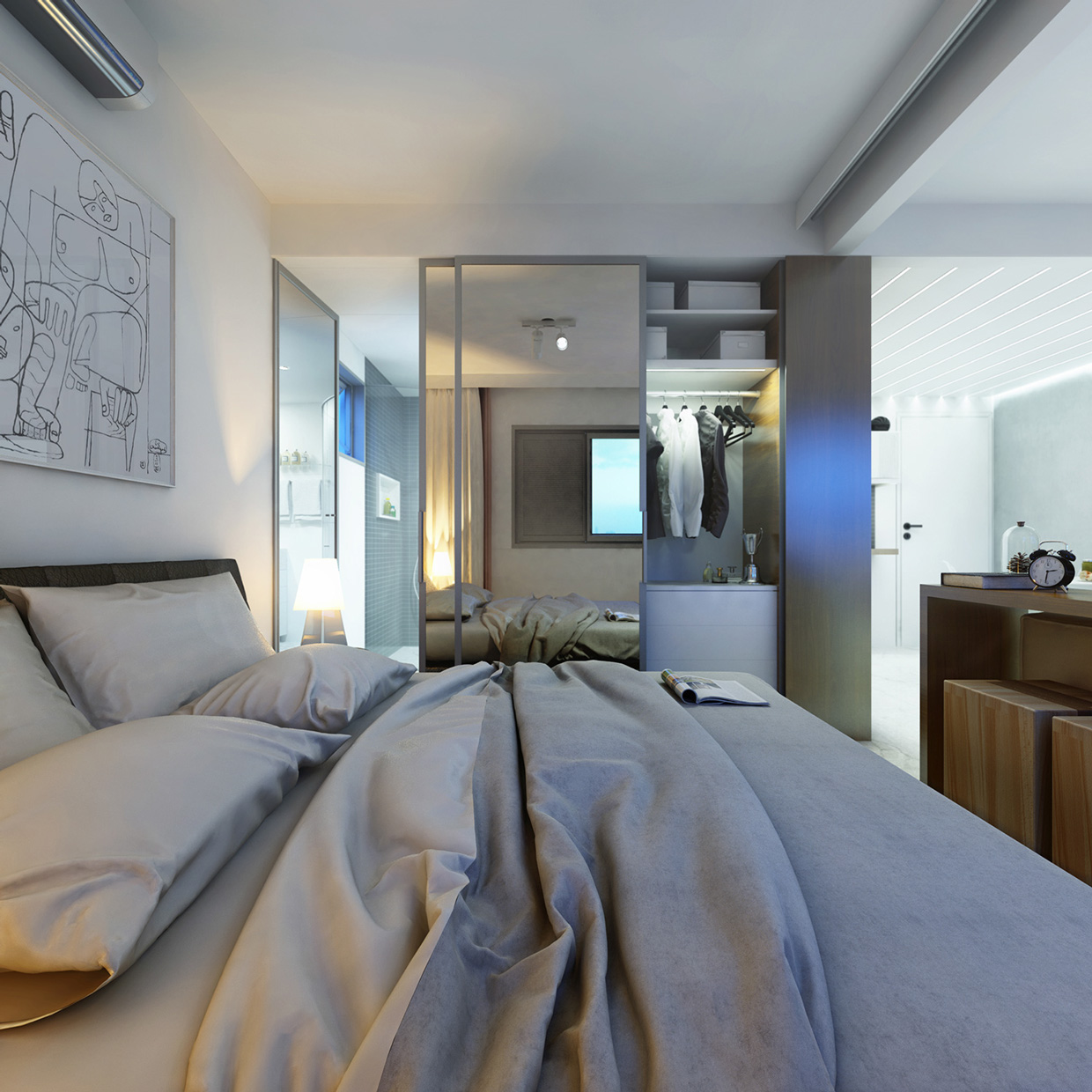 Бело-серая минималистичная спальня
