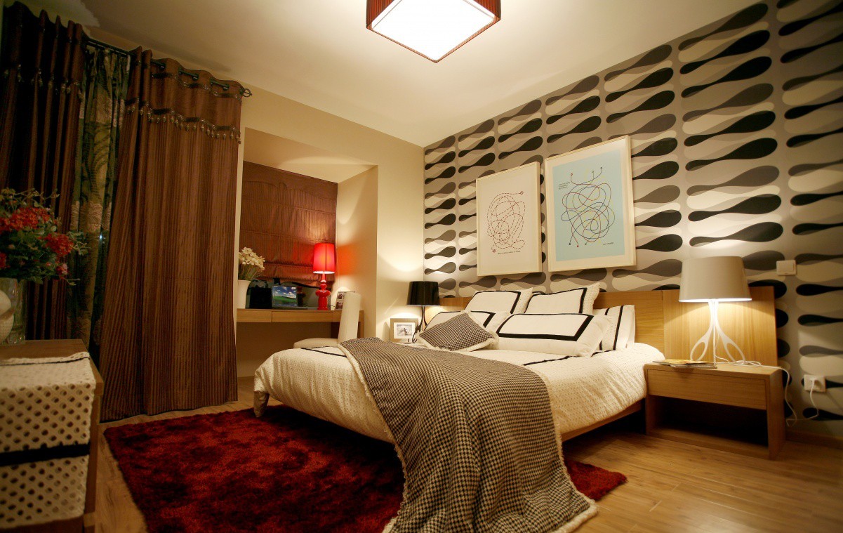 Белый, бежевый, красный и коричневый цвета в интерьере спальни