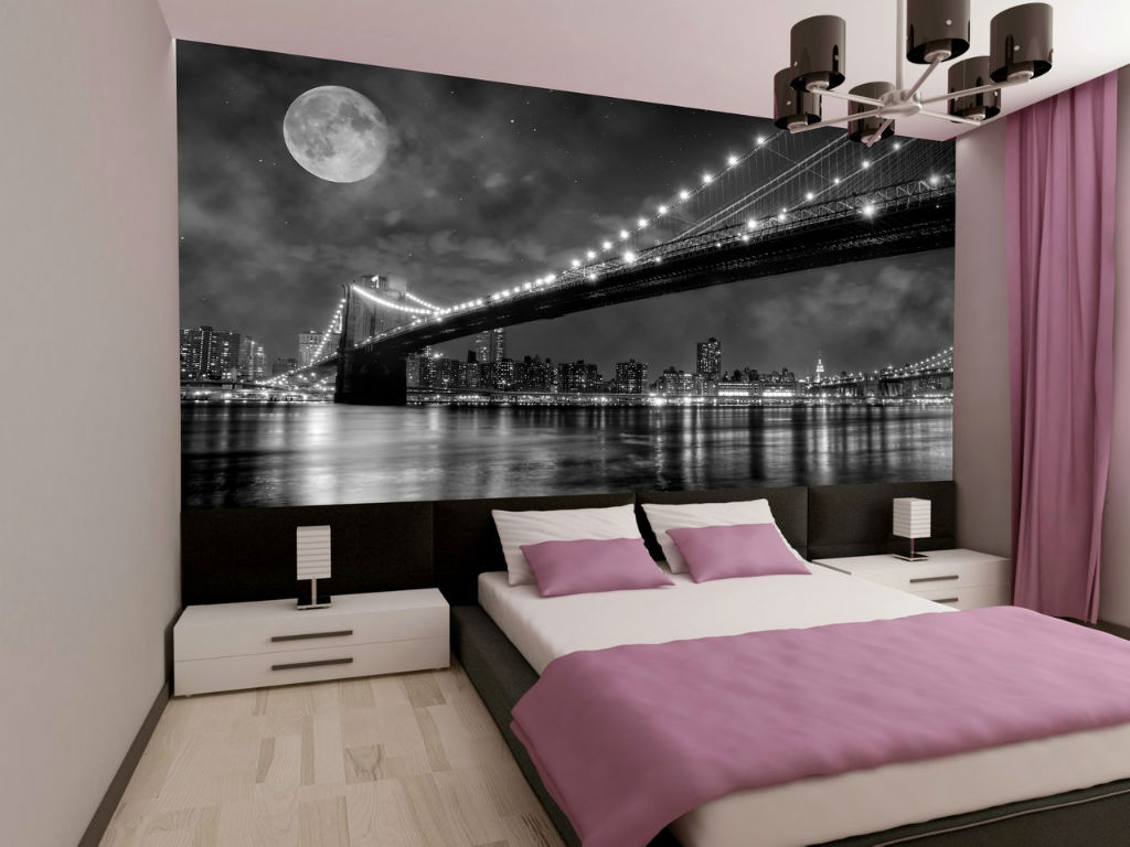 Фотообои с панорамным изображением в спальне