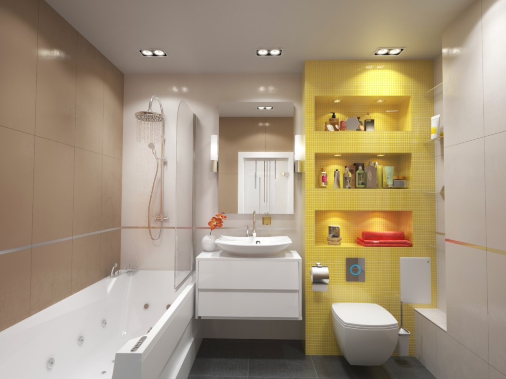 Желтая мозаика в бежево-белой ванной