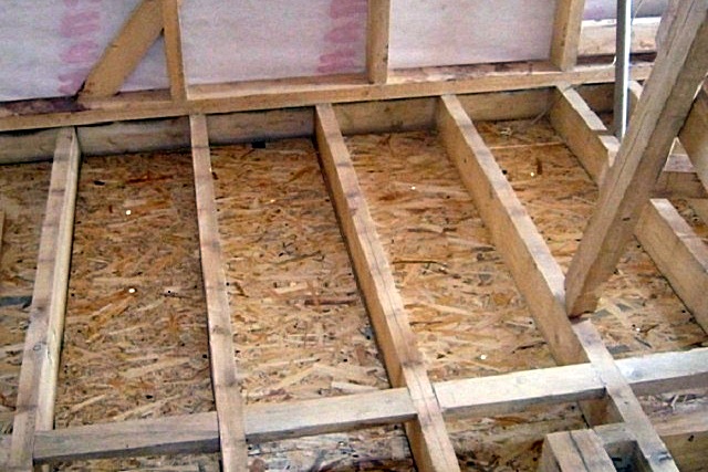 Черновой пол из OSB. Пространство между лагами можно заполнить термоизоляцией, а затем «зашить» сверху такими же плитами.
