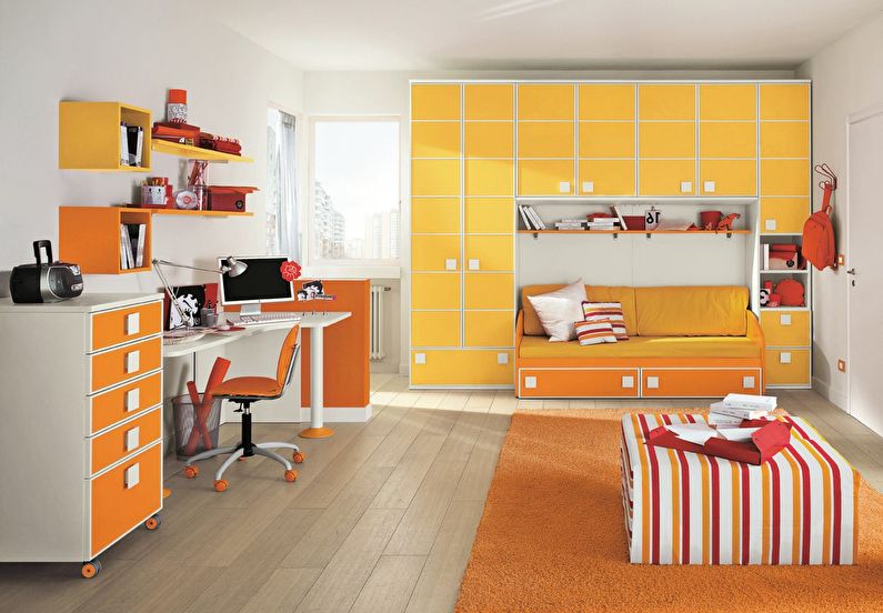 Сочетание цветов в интерьере детской комнаты - оранжевый с белым и желтым