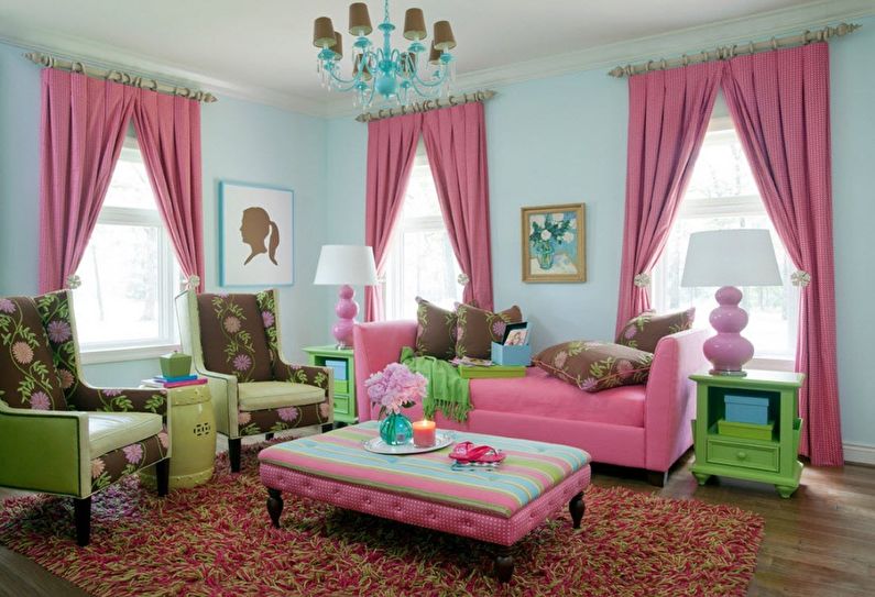 Сочетание цветов в интерьере гостиной - розовый с бирюзовым и зеленым