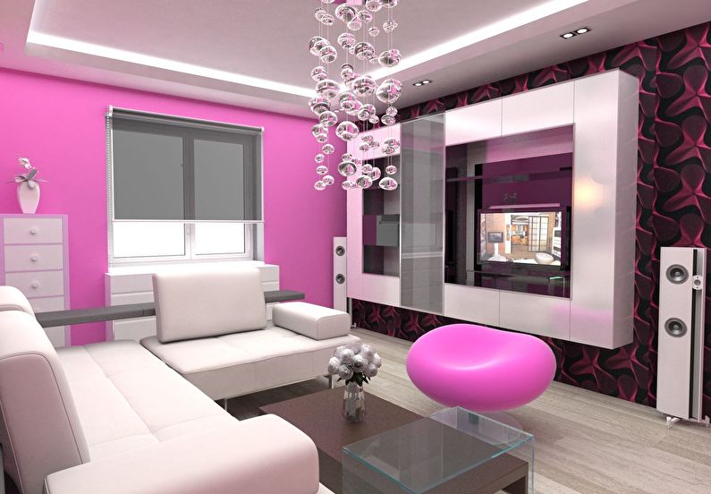 Сочетание цветов в интерьере гостиной - розовый с белым и черным