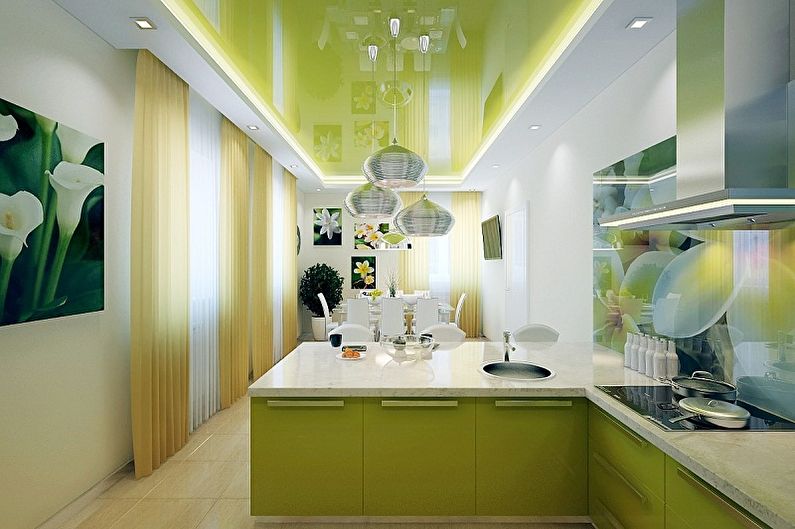 Дизайн бело-зеленой кухни - Отделка потолка