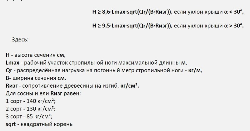 Формулы расчета высоты сечения бруса для односкатной крыши